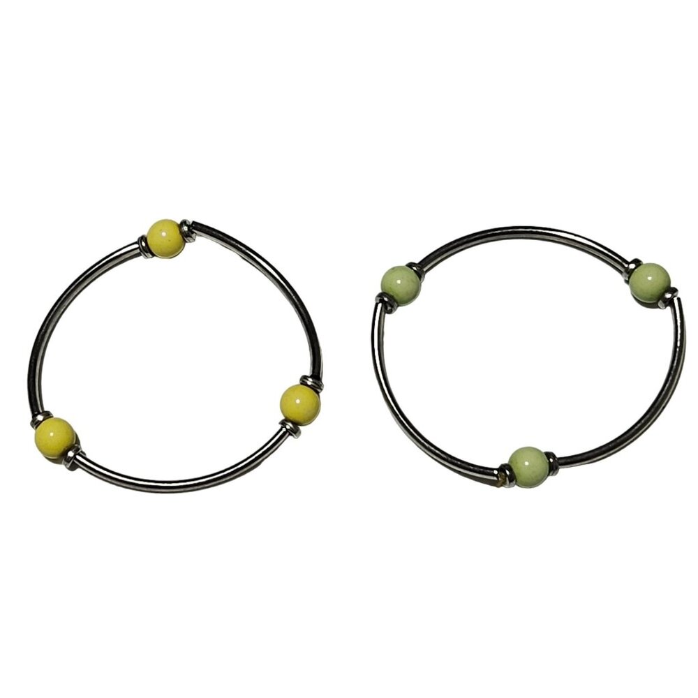 Retro Metal Beaded Stretch Bracelets Yellow Green Beads Fashion Jewelry Set of 2